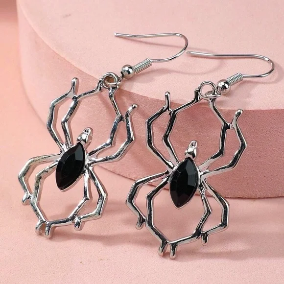 Any 2/$20! Silver & Black Gem Spider Drop Earrings - Picture 4 of 8